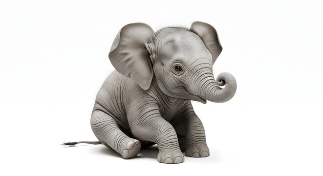 A charming baby elephant sits on a white surface, its trunk curled and large ears spread, looking directly at the viewer.