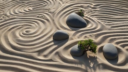 Zen Garden with Three Stones and Green Bonsai on Raked Sand