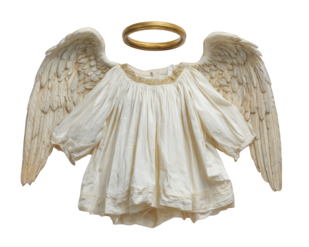 White angel costume with feathered wings and golden halo, isolated on transparent background, evokes purity and innocence, perfect for festive or spiritual themes