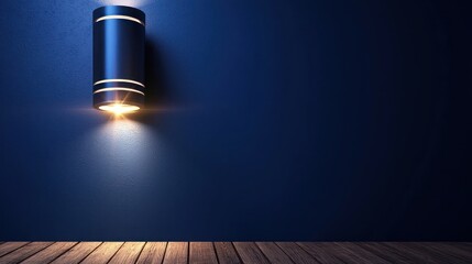 Modern interior design with a stylish wall lamp illuminating a textured blue wall