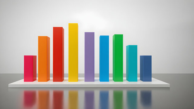 A 3D business infographic showing a bar graph with statistical data, arranged in a bell curve with rainbow colors on a reflective surface.