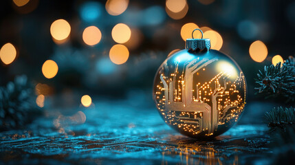 Futuristic Christmas ornament as a glowing Christmas ball with circuit board pattern, symbolizing technology and innovation for modern holiday decoration, digital festive concept with copy space