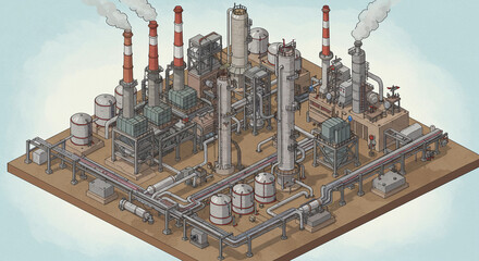 Isometric Illustration of an Industrial Refinery Complex with Smoking Chimneys.