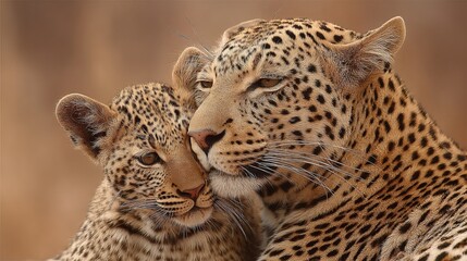 A tender moment between a leopard mother and her cub with soft fur and gentle expressions.
