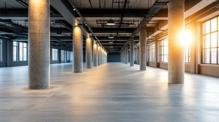 Spacious interior featuring concrete pillars bathed in natural light from windows