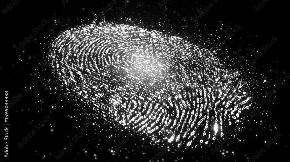 Poster biometric fingerprint representation with digital elements highlighting security and identity verifi