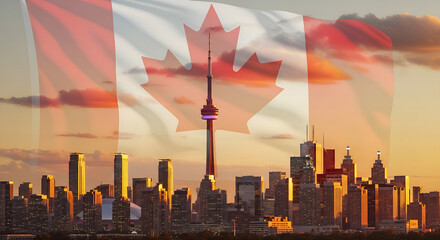 Toronto's Skyline Embraces Canadian Pride A Patriotic Panorama of Urban Beauty and National Identity under Waving Flag