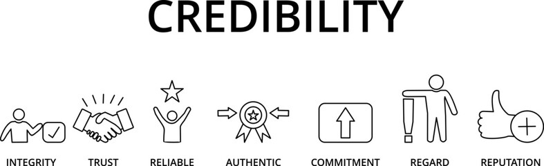 credibility, reputation and trust concept. Banner with vector illustration icons and keywords