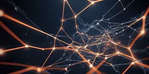 Abstract digital network structure on a dark background. Glowing orange and white connection points linked by lines represent concepts like modern data communication, artificial intelligence, neural