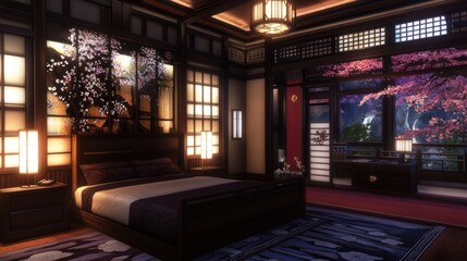 Elegant japanese bedroom interior with cherry blossom view and tranquil ambiance