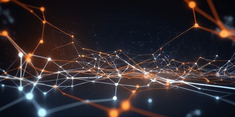 Abstract digital network structure on a dark background. Glowing orange and white connection points linked by lines represent concepts like modern data communication, artificial intelligence, neural