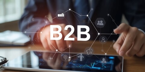 A person touching a tablet displaying b2b with network icons and business graphics overlay on transparent background