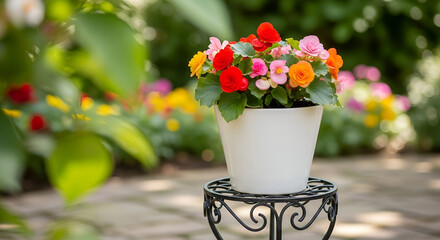 Cheerful Begonias in White Pot Captivating Floral Display on Decorative Stand in Garden