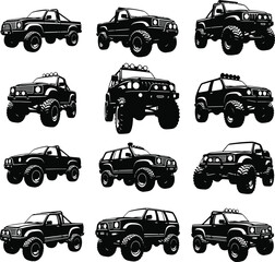 Collection of black and white off road vehicles and trucks for adventure and extreme sports use