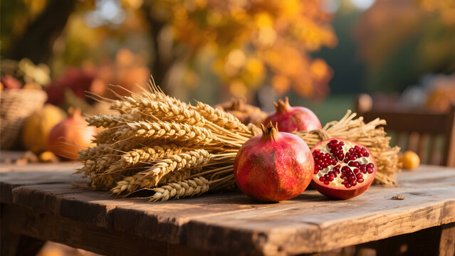 Autumnal Display of Wheat Ears and Pomegranates on a Wooden Table