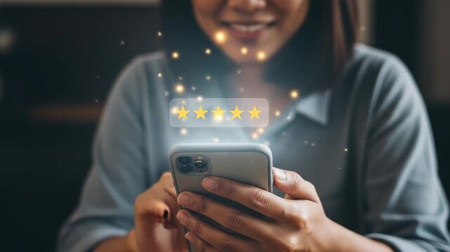 Smiling Woman Giving Five Star Rating on Smartphone with Glowing Effects