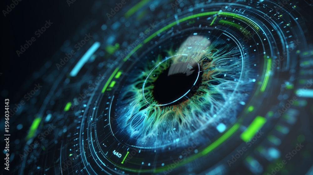 Poster exploring advanced biometric technology with eye and fingerprint recognition features