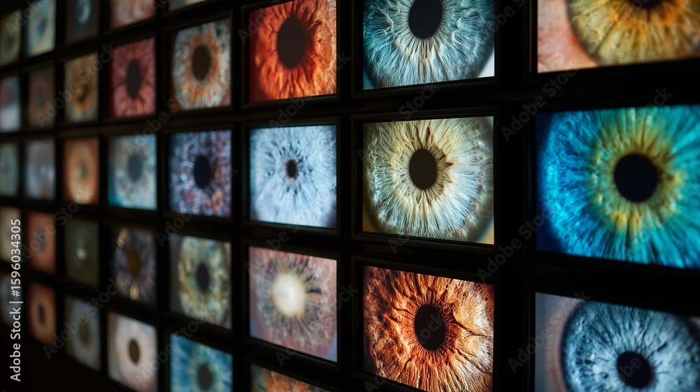 Poster exploring advanced biometric identification through diverse eye patterns and fingerprint technology 