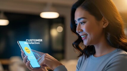 Smiling Woman Interacting with Customer Satisfaction App on Smartphone Screen