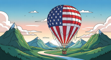 Patriotic Balloon Flight American Flag Hot Air Balloon over Majestic Green Mountains Landscape Vector Illustration