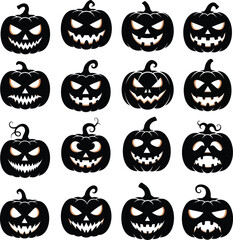 Halloween pumpkin vector set black silhouettes jack o lanterns spooky faces halloween design elements vector