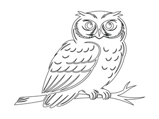 Perched Owl Line Art Silhouette on Branch Illustration