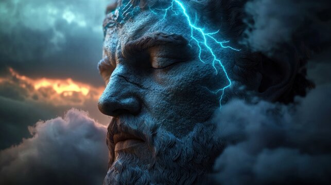Stone sculpture of a man in clouds with blue lightning symbolizing power and divinity