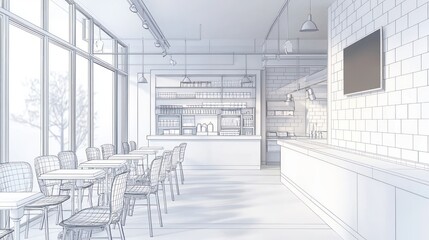 Interior design sketch of a modern cafe.