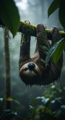 Hanging Sloth in Rainforest A Gentle Encounter with Nature's Slowest Mammal
