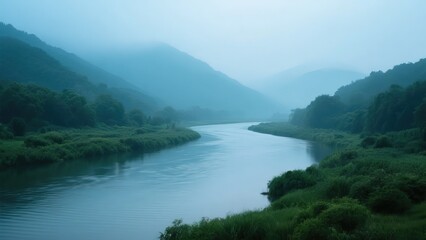 Misty River Winding Through Lush Green Valleys