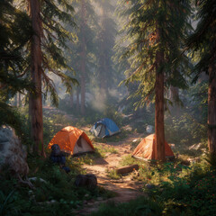 tent in the woods in the morning