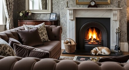 Cozy Living Room Interior with Fireplace and Dog An inviting space featuring a classic fireplace, plush sofa, and sleeping dog for a relaxing ambiance.