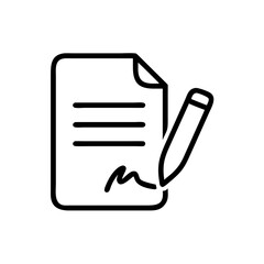 Minimalist black outline vector icon of a signed document with text lines, a signature, and a pencil mark, symbolizing contracts, approval, and official paperwork. Isolated on a transparent background