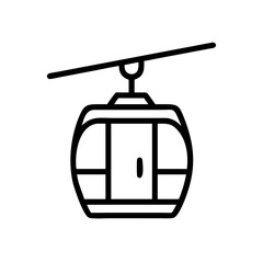Obraz premium Minimalist black outline vector icon of a hanging cable car cabin, symbolizing transportation, tourism, and mountain travel. Isolated on a transparent background