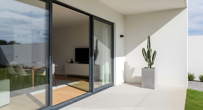 Modern home exterior with large glass doors, cactus, and patio area.