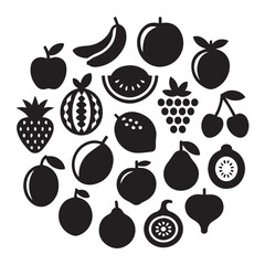 Monochrome fruit assortment features banana, apple, strawberry, watermelon, grape, and more