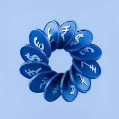 3D Circle of Global Currency Coins – International Money and Forex Exchange Concept in Blue Minimal Style
