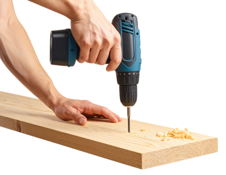 Cordless Drill in Hand Driving Screw into Wooden Surface, Side View Action Shot, Transparent Background