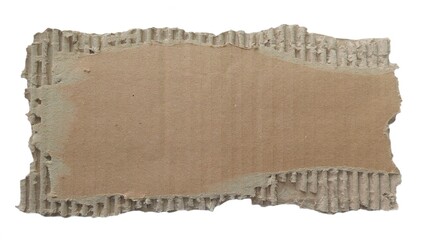 Torn piece of brown cardboard isolated on white background. Torn cardboard with uneven edges. Piece of textured and corrugated cardboard. Top view of recycled cardboard texture.
