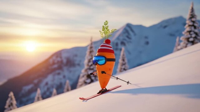 An anthropomorphic carrot wearing a winter hat and goggles skis down a snowy mountain slope at sunrise.