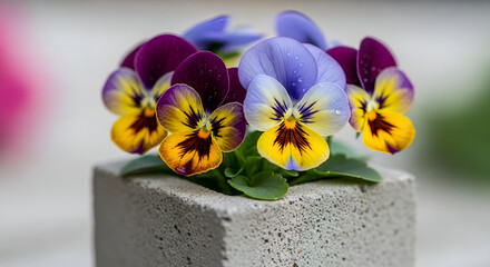 Charming pansies in concrete pot A vibrant burst of colors and textural contrast for garden and floral designs