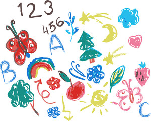 Colorful doodles of butterflies, trees, and shapes on white background  