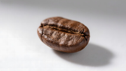 A single roasted coffee bean with a cracked surface, set against a neutral background.
