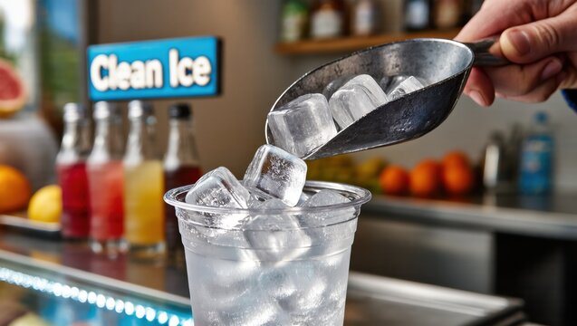 Hand Scooping Clean Ice Cubes into a Clear Glass for a Refreshing Beverage in Modern Bar Setting