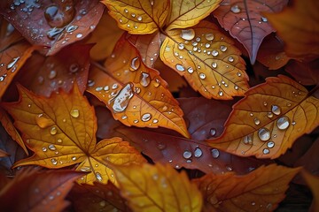 Autumnal leaves covered in water droplets close up shot displaying fall colors and textures