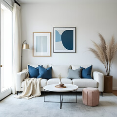 Minimalist interior with a boucle sofa, blue accents, and artistic decor, creating a tranquil and stylish atmosphere.