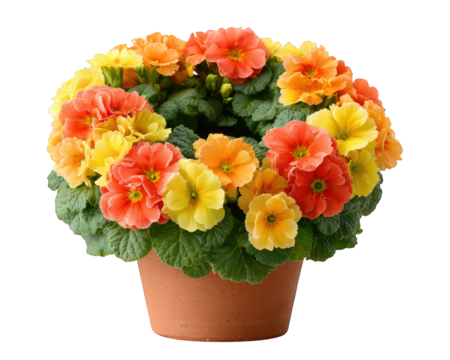 Vibrant floral wreath with bright orange, yellow, and peach flowers arranged in circular pattern atop lush green leaves in terracotta pot, evoking cheerful and fresh atmosphere