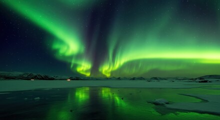 Breathtaking aurora borealis display over a reflective, icy landscape at night, featuring vibrant green and dark hues.