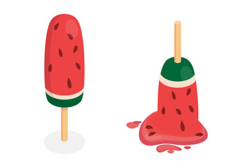 Whole and melted ice cream. Summer dessert. Frozen watermelon berry juice. 3d flat isometric vector illustration. Eps 10