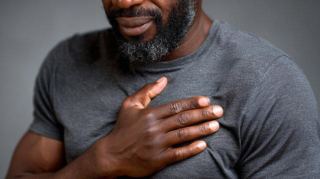  Hombre adulto con barba toc&aacute;ndose el pecho con gesto sereno y reflexivo, fondo gris y camiseta oscura